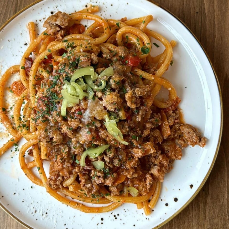 Spaghetti topped with chunky meat sauce, green peppers, herbs, and grated cheese on a white plate.
